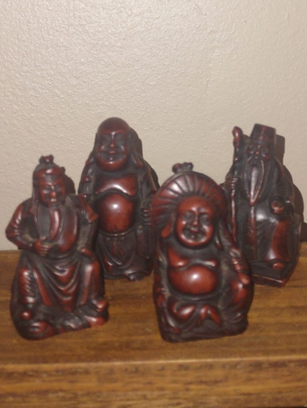 Buddha 3-4 inches- Set of 4 Resin Dark Cherry Longevity Health Wealth